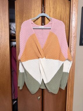Colorblock Twist Front Women's Sweater - Pink, Mustard, Cream, Sage